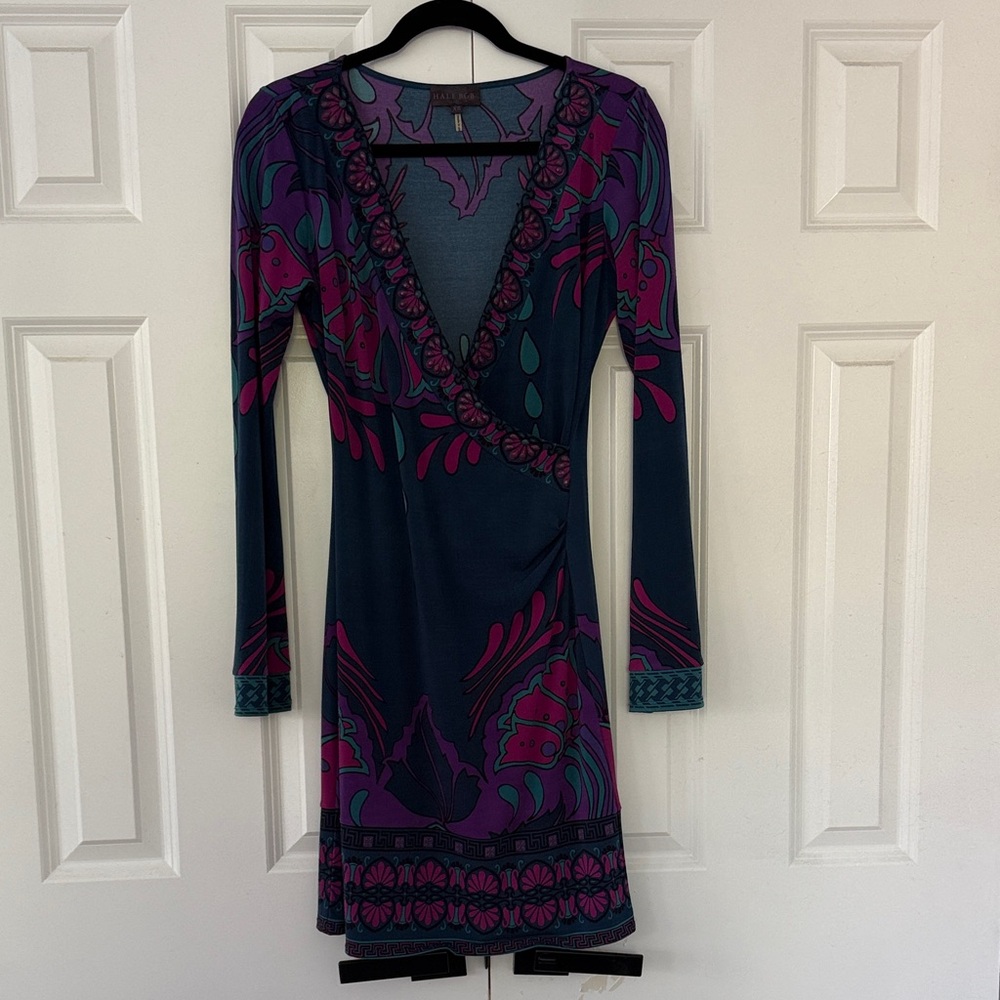 Hale Bob Teal and Pink Purple Teal Long Sleeve Dress XS Bell Sleeves